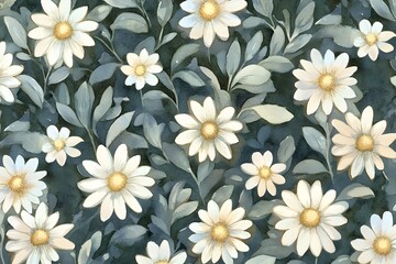 Watercolor Daisy Flowers Seamless Pattern Botanical Illustration