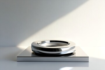 
A podium with a rotating circular top, crafted from reflective stainless steel, exuding a futuristic vibe with its sleek design and dynamic functionality

