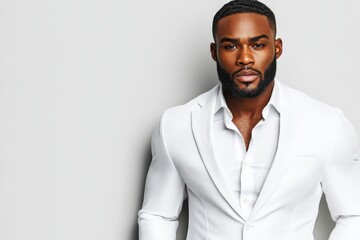Obraz premium Stylish man in modern attire stands confidently against a minimalist backdrop showcasing elegance and sophistication in urban setting