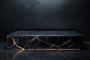 A podium with a sleek, polished black obsidian surface, featuring glowing cracks running through it, creating a striking, modern design with a touch of mysticism

