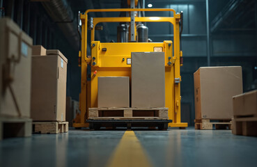 Naklejka premium Warehouse palletizer, automated industrial logistics. Cardboard boxes on pallet, machinery in action. Transportation, distribution, storage, supply chain. Focus on productivity, efficiency,