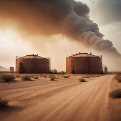 Desert Industrial Landscape Large Storage Tanks and Pollution Smoke