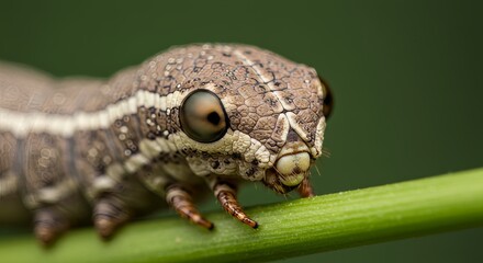 Obraz premium Detailed macro capture of a caterpillar resting on a verdant stem, insect portrait
