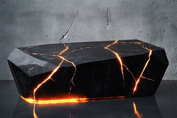 A podium with a sleek, polished black obsidian surface, featuring glowing cracks running through it, creating a striking, modern design with a touch of mysticism

