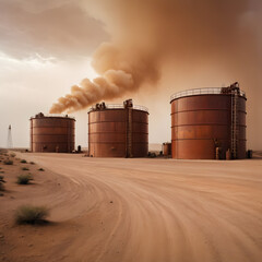 Desert Industrial Landscape Three Large Storage Tanks and Smoke Plume under a Dusty Sky