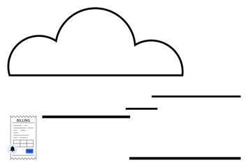 Cloud outline with horizontal lines representing data flow and a receipt depicting digital billing. Ideal for technology, finance, digital payment, cloud services, data management, e-commerce, simple