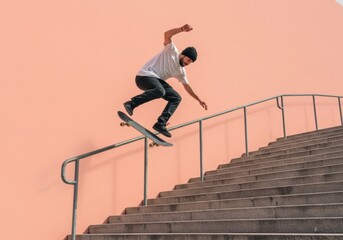 Skateboarder performing a rail grind trick on urban stairs with precision