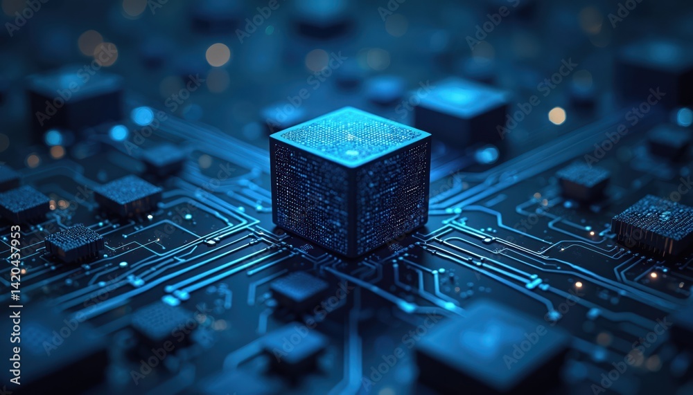 Poster abstract tech background with big data concept. modern design of cube integrated into circuit board.