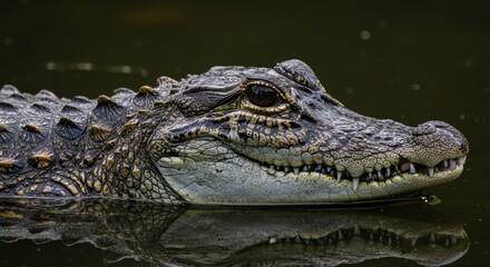 Obraz premium Captivating portrait of a caiman resting peacefully in dark river water