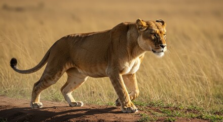 Obraz premium Majestic lioness patrols her territory with fierce determination and focused gaze