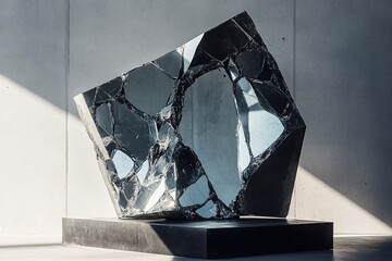 A podium with an asymmetrical, collapsing structure, resembling a shattered piece of a mirror, creating a striking visual of fragmented geometry and modern design


