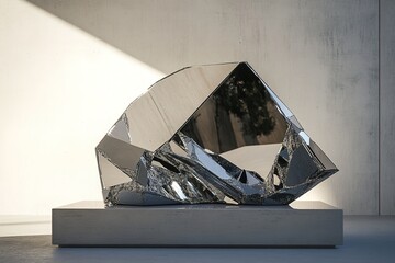 A podium with an asymmetrical, collapsing structure, resembling a shattered piece of a mirror, creating a striking visual of fragmented geometry and modern design

