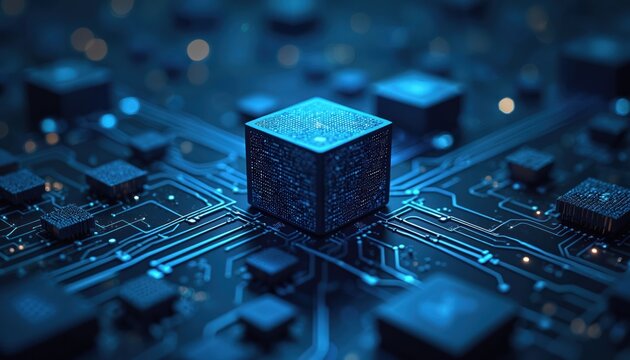 Abstract tech background with big data concept. Modern design of cube integrated into circuit board. Technology, connectivity, AI, software development. Perfect for tech, science, business, future,