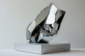 A podium with an asymmetrical, collapsing structure, resembling a shattered piece of a mirror, creating a striking visual of fragmented geometry and modern design

