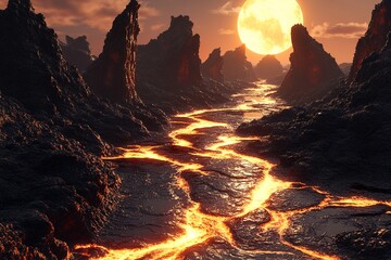 A surreal landscape of molten-glass mountains glowing with orange veins, lava-like rivers flowing between smooth geometric ridges, all under a glowing red atmosphere with no visible sun

