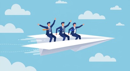 Three businessmen riding a paper airplane through a blue sky with white clouds illustration style