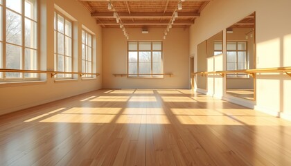 Spacious dance studio with hardwood floor, mirror, ballet barre. Sunlight streams through large windows, creating warm, inviting atmosphere. Perfect fitness, yoga practice. Empty hall for sport dance