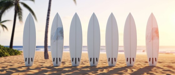 Surfboard mockup. Surfboards mockup standing on a sandy beach against a serene blue ocean backdrop. Vacation concept mockup. Travel concept, Summertime concept .