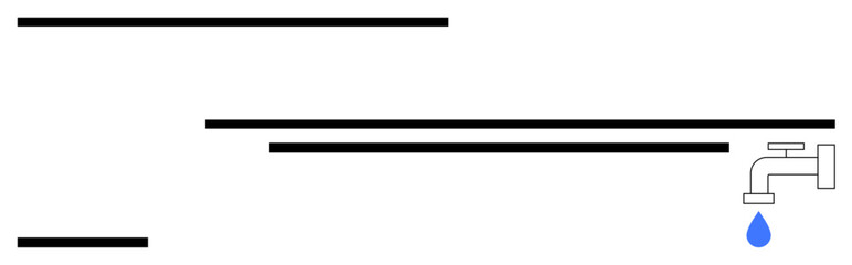 Horizontal lines with a white faucet and a single blue water droplet. Ideal for water conservation, minimalism, sustainability, environmental awareness, design simplicity, plumbing, simple landing