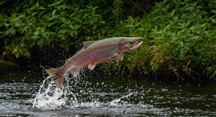 Rainbow trout soaring from tranquil stream, a display of nature's power