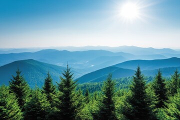 Majestic mountain range panorama under a vibrant blue sky, showcasing a lush forest line at the foreground