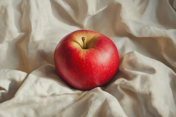 
A whole red apple with a glossy surface, placed delicately on crumpled linen cloth, set against a neutral background, highlighting its natural shine and simplicity

