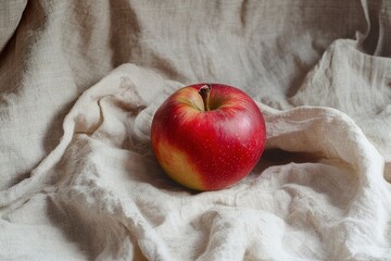 
A whole red apple with a glossy surface, placed delicately on crumpled linen cloth, set against a neutral background, highlighting its natural shine and simplicity

