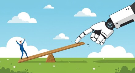Fototapeta premium A businessman on a seesaw being controlled by a robot hand in a grassy field under a blue sky