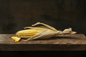A whole sweet corn with husk partially opened, resting on a rustic wooden plank, showcasing its natural texture and earthy, farm-fresh appeal

