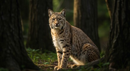Captivating bobcat portrait amidst the trees in the dense woodland habitat