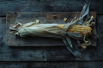A whole sweet corn with husk partially opened, resting on a rustic wooden plank, showcasing its natural texture and earthy, farm-fresh appeal

