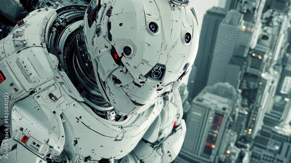 Poster highly detailed futuristic robot exploring a high-tech environment with advanced features, technolog