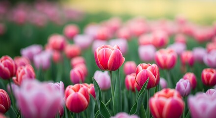 Vibrant tulip field in full bloom, showcasing the beauty of spring with a diverse range of pink and red petals