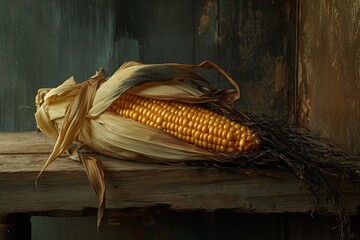 A whole sweet corn with husk partially opened, resting on a rustic wooden plank, showcasing its natural texture and earthy, farm-fresh appeal

