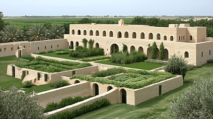 Ancient Architectural Design of Historic Stone Building with Gardens