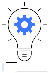 Lightbulb containing blue gear conveys ideas, innovation, and technology. Rays suggest inspiration. Ideal for creativity, mechanics, startup, solutions, teamwork productivity flat simple metaphor