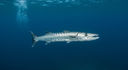 Fototapeta premium Majestic barracuda portrait glistening in the deep blue oceanic habitat