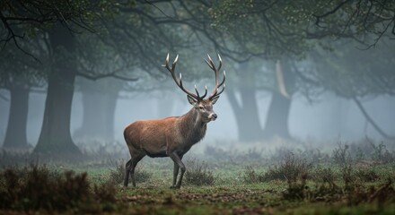Majestic stag in misty woodlands evoking a sense of tranquility and wonder