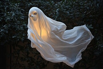 A floating ghost decoration made of soft fabric, gently glowing from within, creating a hauntingly beautiful and ethereal atmosphere perfect for Halloween or spooky settings

