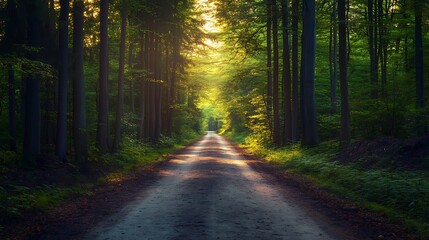 Obraz premium Quiet forest path surrounded by tall trees and sunlight