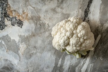 Fresh cauliflower head placed on a gray stone background, with natural light accentuating the intricate textures and natural beauty of the vegetable

