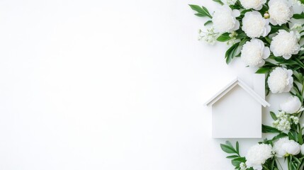 White house miniature surrounded by white flowers