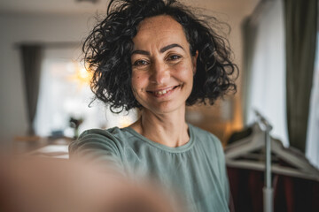 Mature caucasian woman wear white shirt happy smile portrait close up