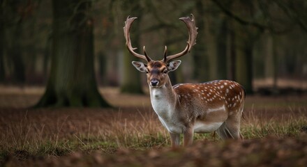 Obraz premium Captivating portrait of a spotted fallow deer amidst the autumn woodland