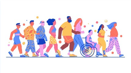A diverse group of people walking together, showcasing inclusivity and community. The illustration features individuals of various ethnicities, abilities, and styles, including a person.
