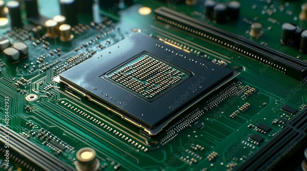 Poster high resolution close up modern cpu processor on green circuit board technology image digital detail