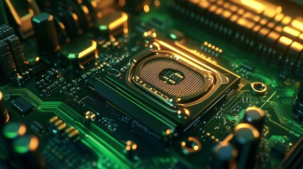 Obraz premium Closeup Modern Computer Motherboard CPU Processor Green Gold Technology Digital Circuit Board High Tech Electronic Hardware Detailed Design Innovation