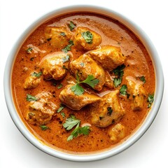 A bowl of chicken tikka masala with fresh cilantro garnish on a white background viewed from above