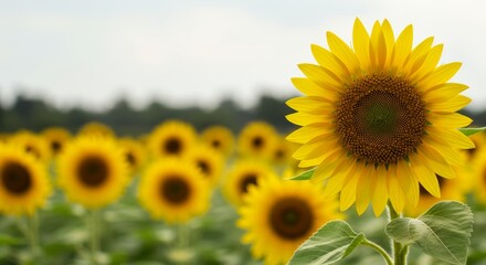 Obraz premium Vibrant Sunflower Field, A Symphony of Yellow Under a Cloudy Sky