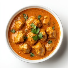 A bowl of butter chicken curry with cilantro garnish served in a white ceramic bowl on white background